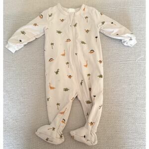 FIRSTS by petit lem Cream + Green Dinosaur Print Zippered Footed Sleeper 6 Month